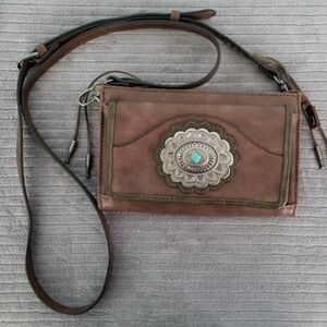 Tony Lama Rustic Brown Leather Crossbody Bag with Silver Concho